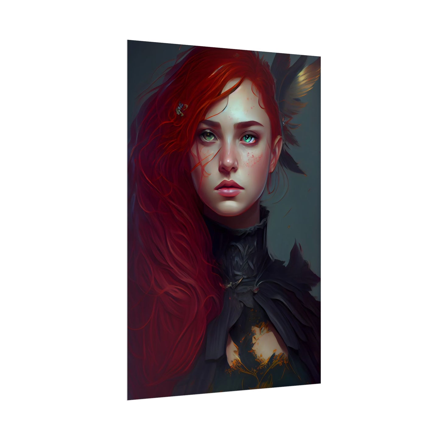 Vibrant Female Portrait: Red Hair Beauty in Neutral Dress - Poster