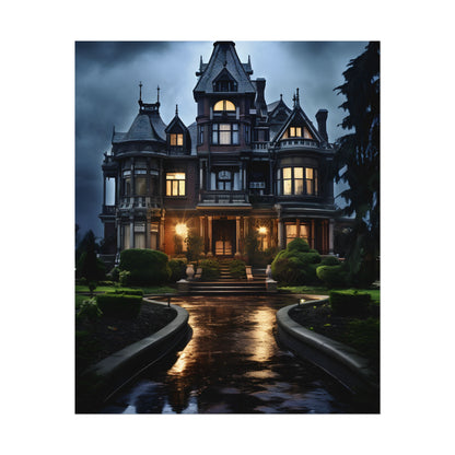 Haunted Victorian Mansion: Spooky Stormy Night Art - Poster