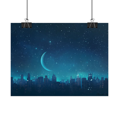 Starry Night Sky: Tranquil Dark Blue Scene with Crescent Moon - Poster