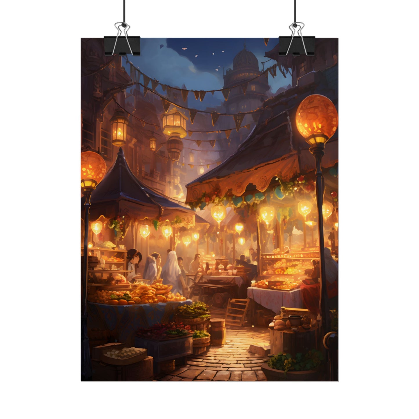 Magical Street Food Market: A Colorful Nighttime Scene - Poster