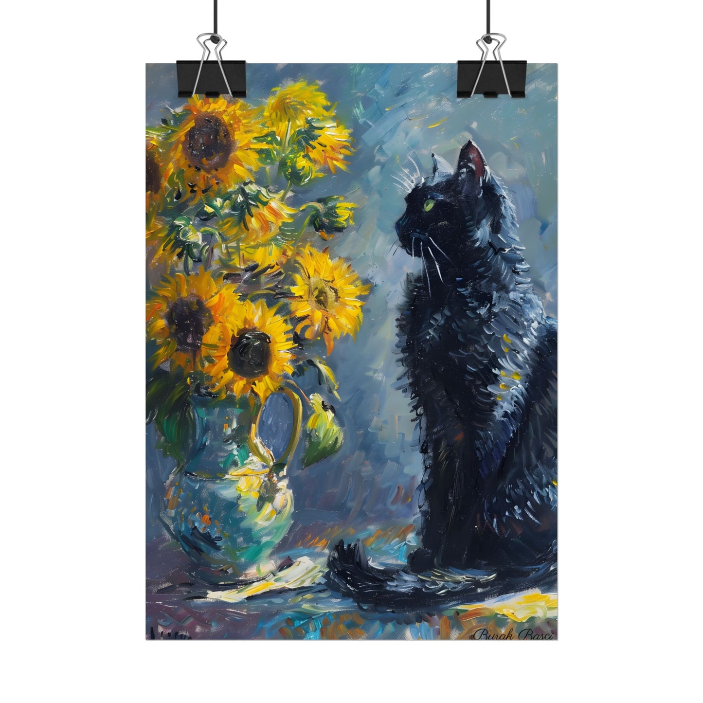 Whimsical Black Cat by Sunflowers: Serene Garden Art - Poster