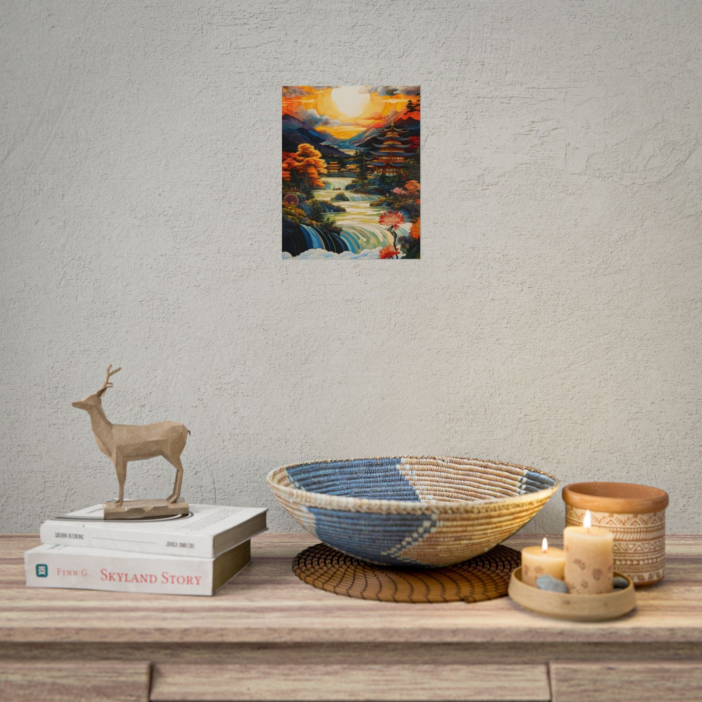 Peaceful Japanese River Landscape with Flowers: Serene Artwork - Poster