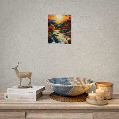 Peaceful Japanese River Landscape with Flowers: Serene Artwork - Poster