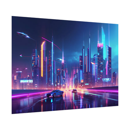 Futuristic City Glow: Neon Lights Digital Art - Poster