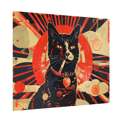 Vintage Whimsy: Cat Smokes Cigarette on Blue Background - Poster