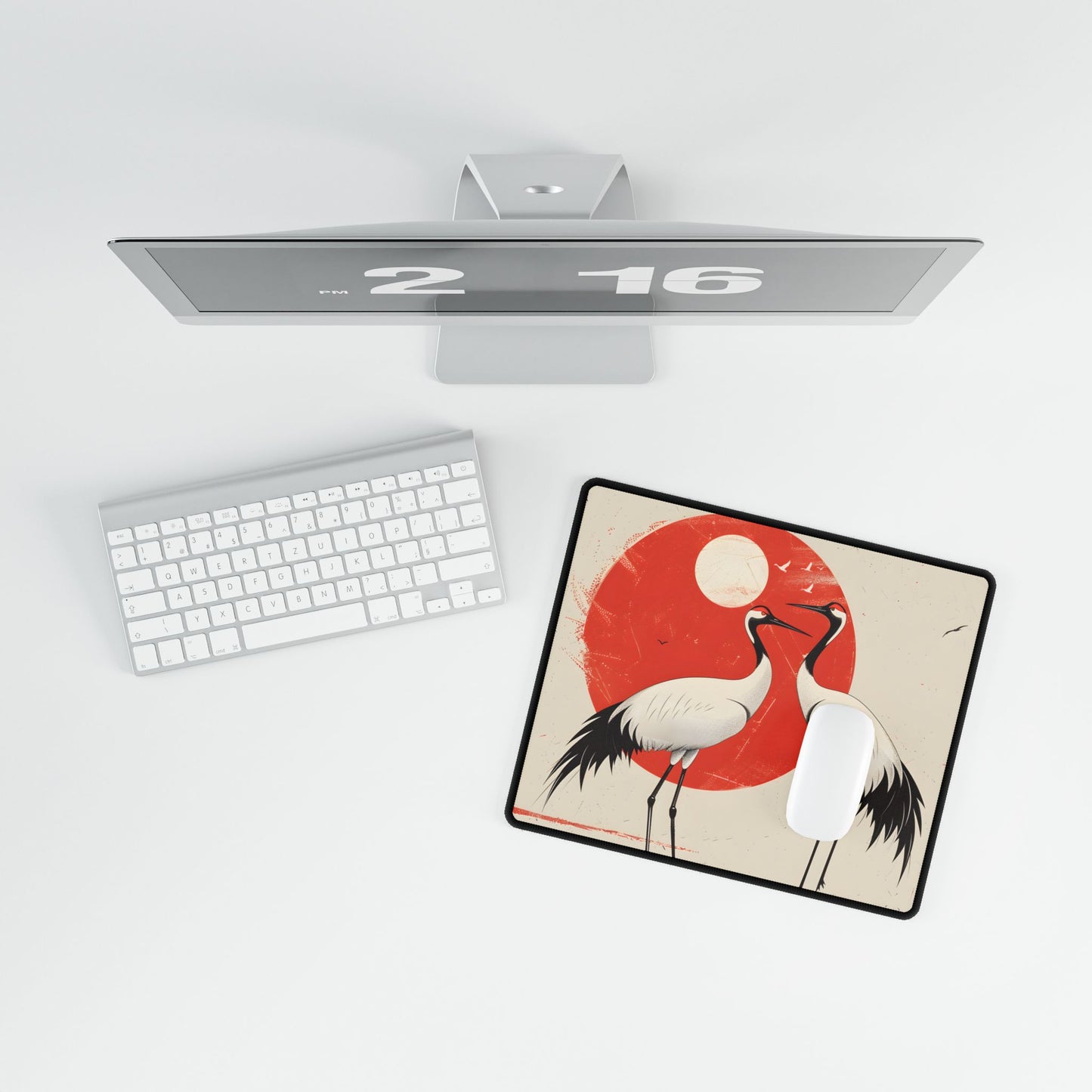 Serene Wildlife Sanctuary: Cranes in Red Nature Scene Art - Desk Mat