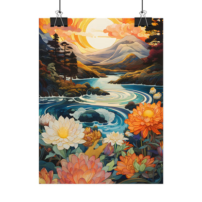 Peaceful River Landscape: Flowers Blooming - Poster