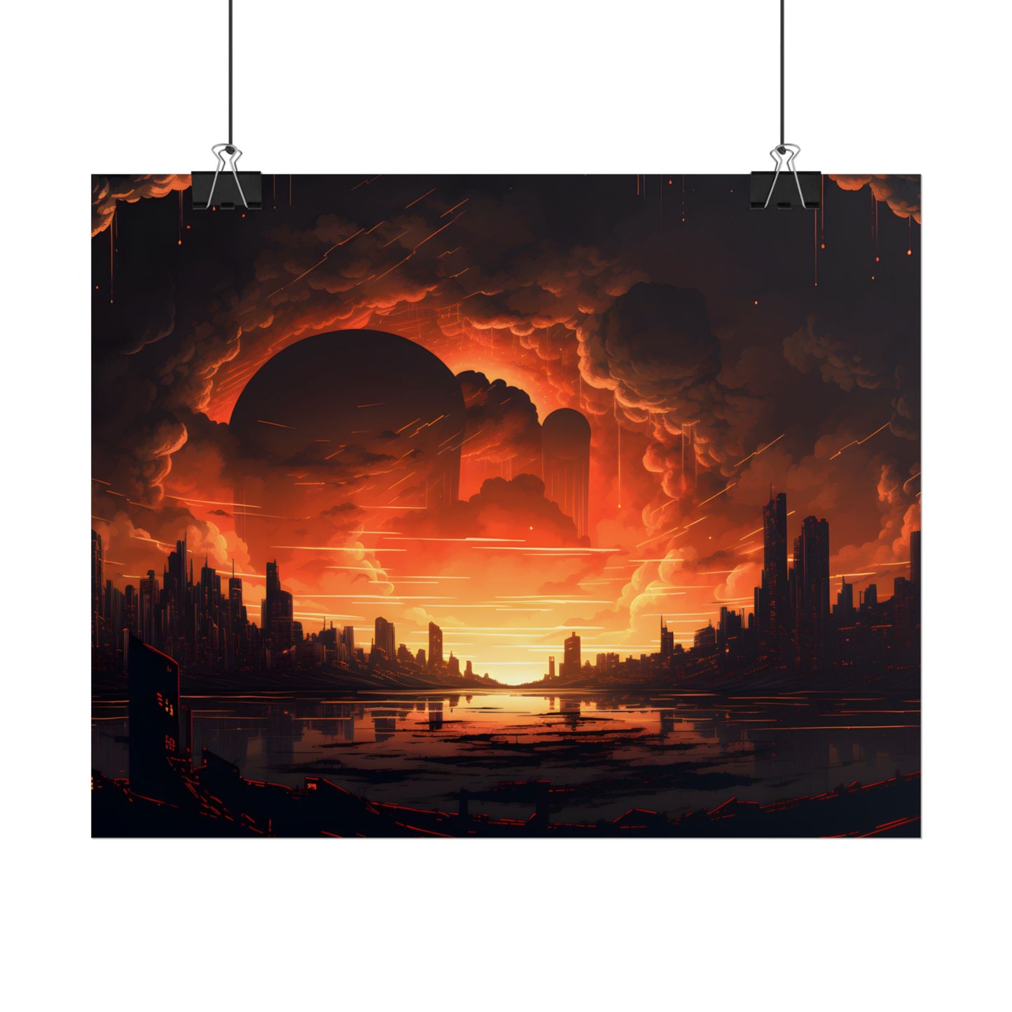 Futuristic Cyberpunk Night: Burning Cityscape Landscape Art - Poster