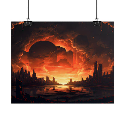 Futuristic Cyberpunk Night: Burning Cityscape Landscape Art - Poster