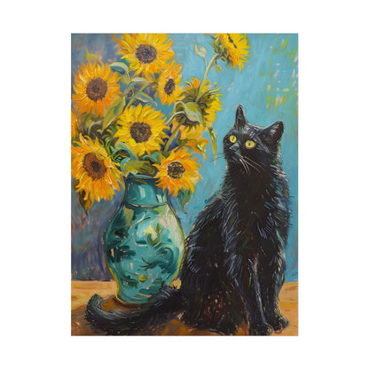 Whispers in the Garden: A Black Cat Among Sunflowers - Poster