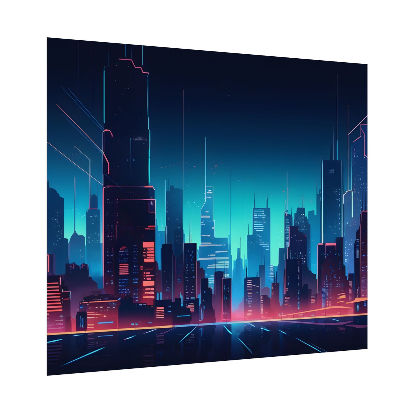 Melancholic Night Cyberpunk Cityscape: Neon Dreams Digital Art - Poster