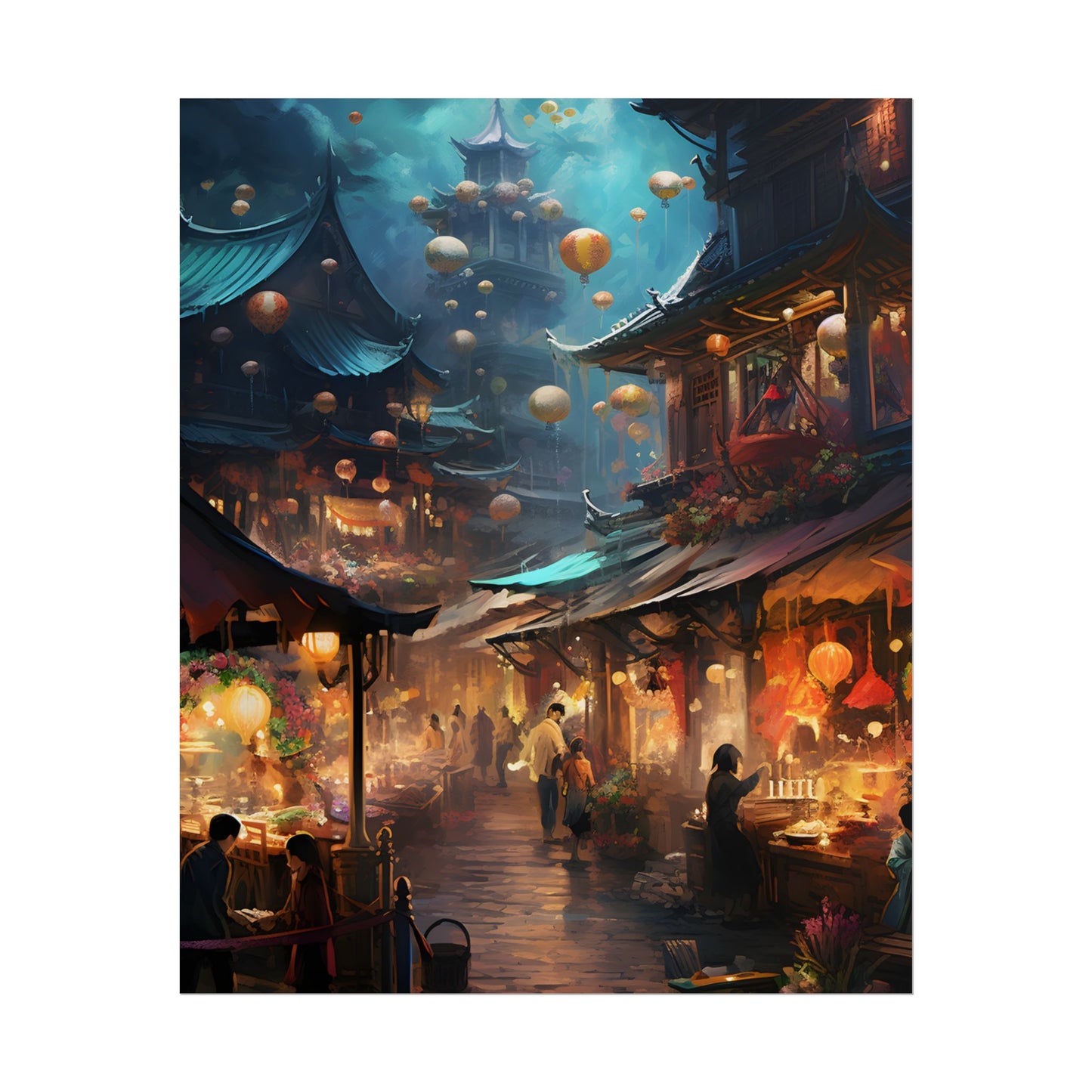 Enchanted Street Food Market: Vibrant Evening Artwork - Poster