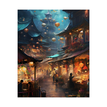 Enchanted Street Food Market: Vibrant Evening Artwork - Poster