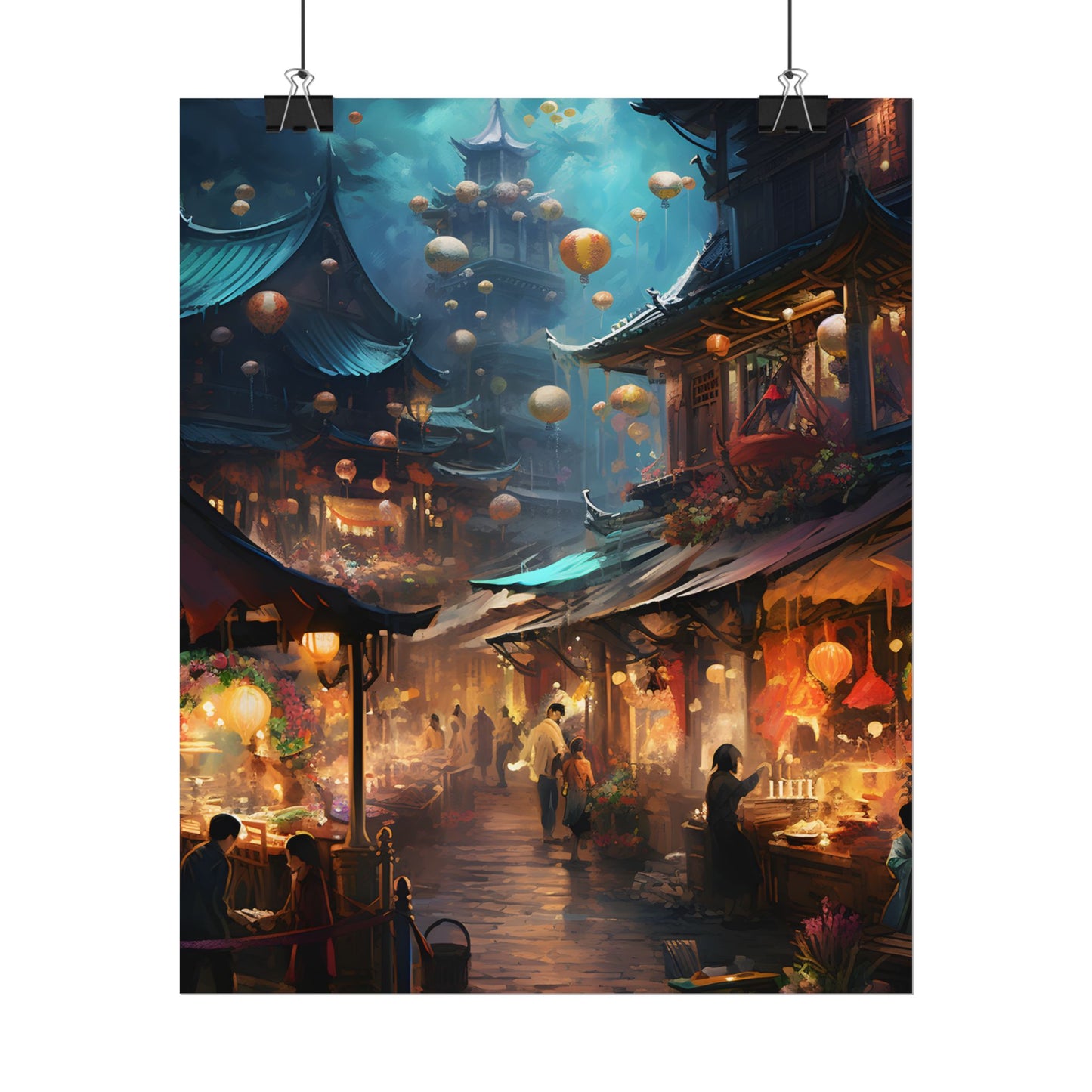 Enchanted Street Food Market: Vibrant Evening Artwork - Poster