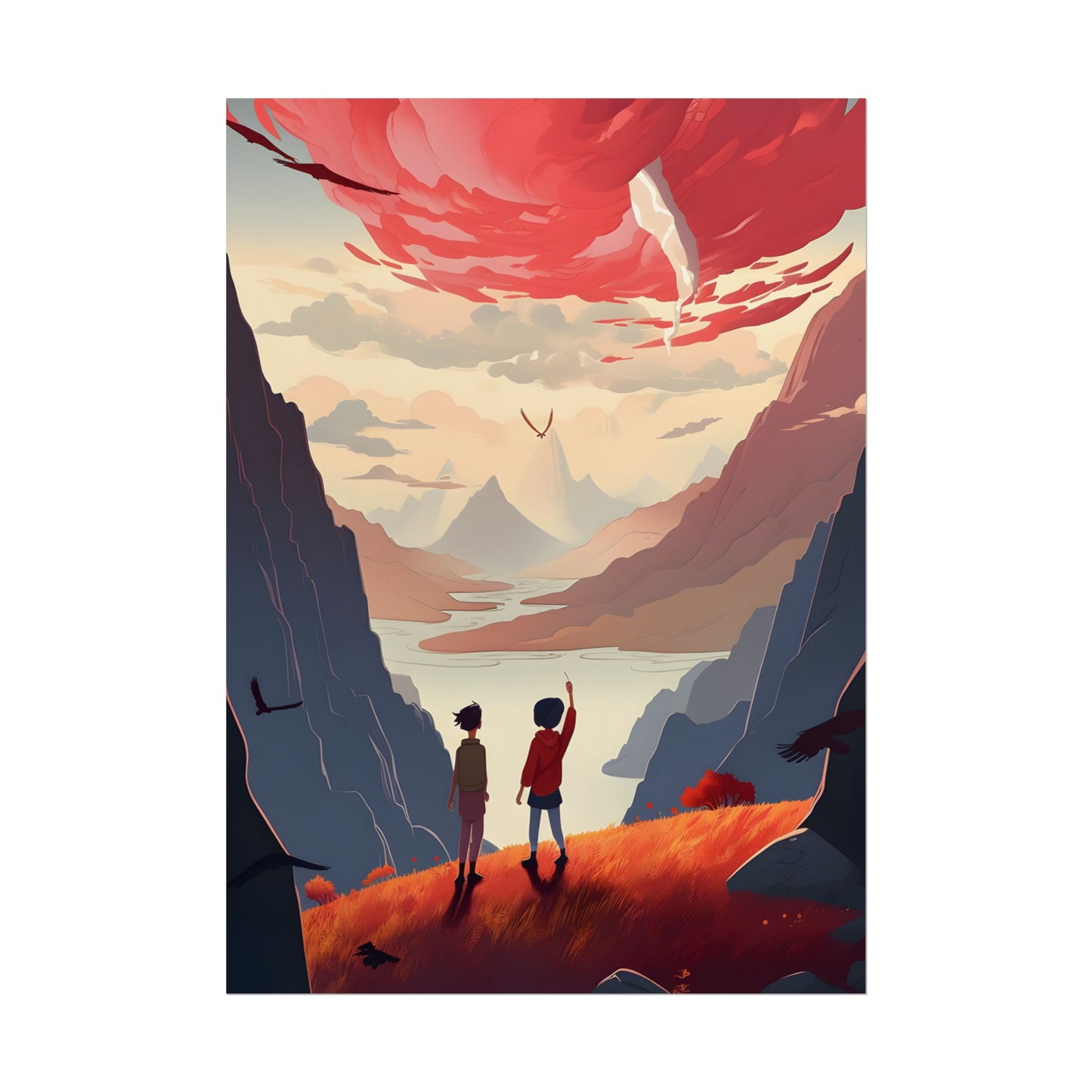 Serene Meadow Scene: Girl & Boy Under Cloudy Sky - Poster