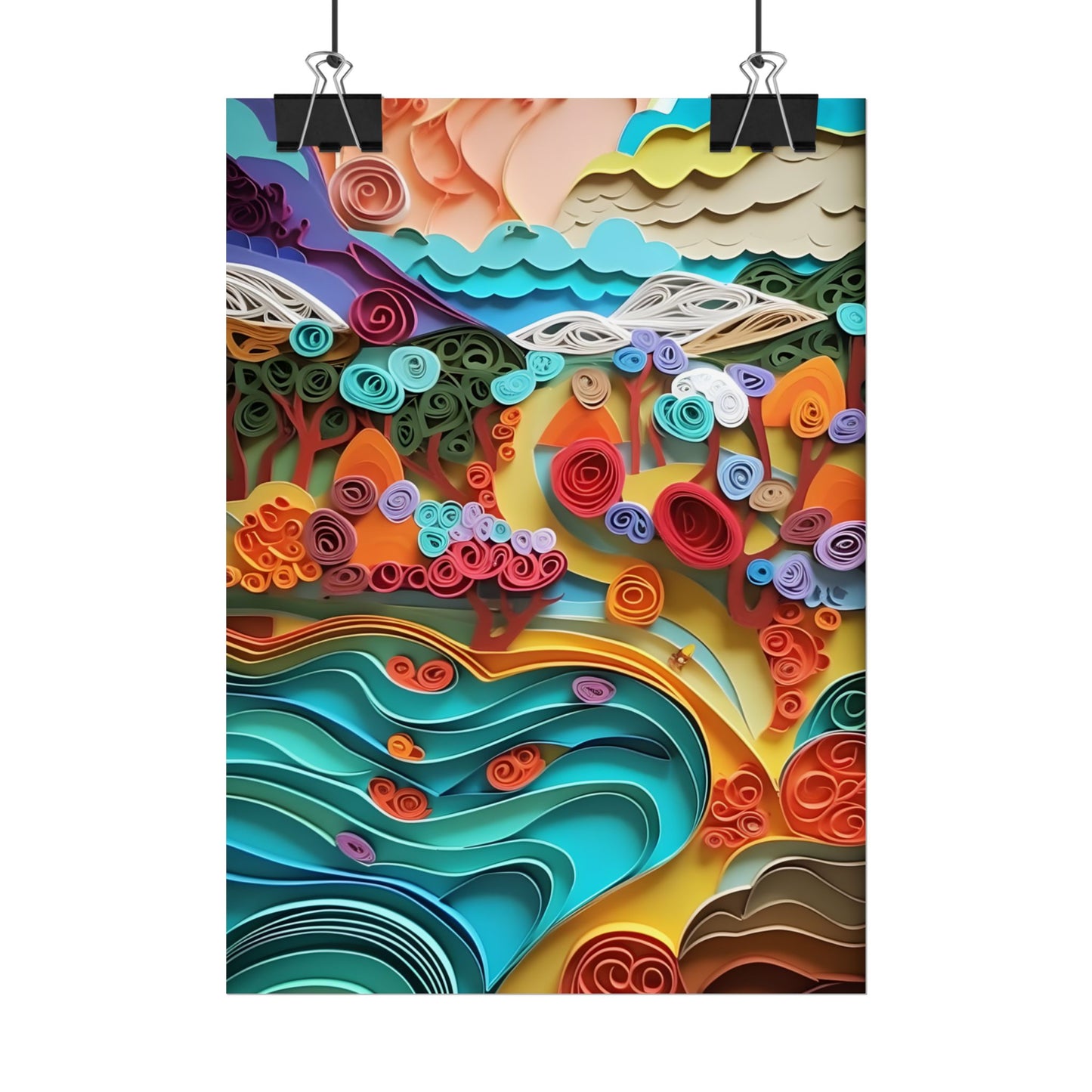 Paper Quilled Beach Bliss: Artistic Coastal Landscape - Poster