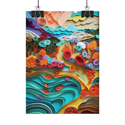 Paper Quilled Beach Bliss: Artistic Coastal Landscape - Poster