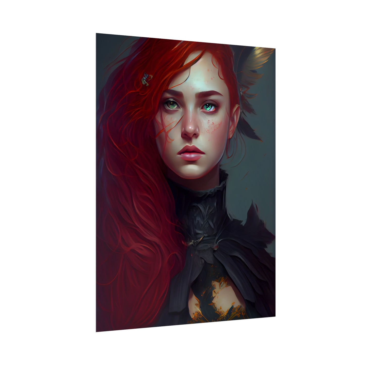 Vibrant Female Portrait: Red Hair Beauty in Neutral Dress - Poster
