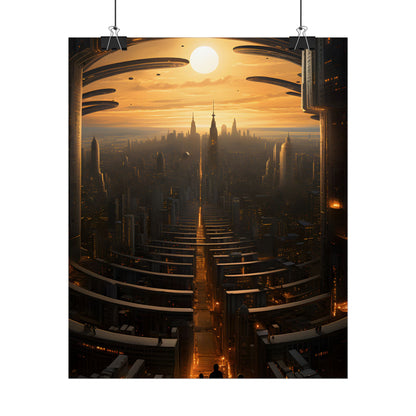 Dystopian Utopia: Futuristic Cityscape with Dark Facade - Poster