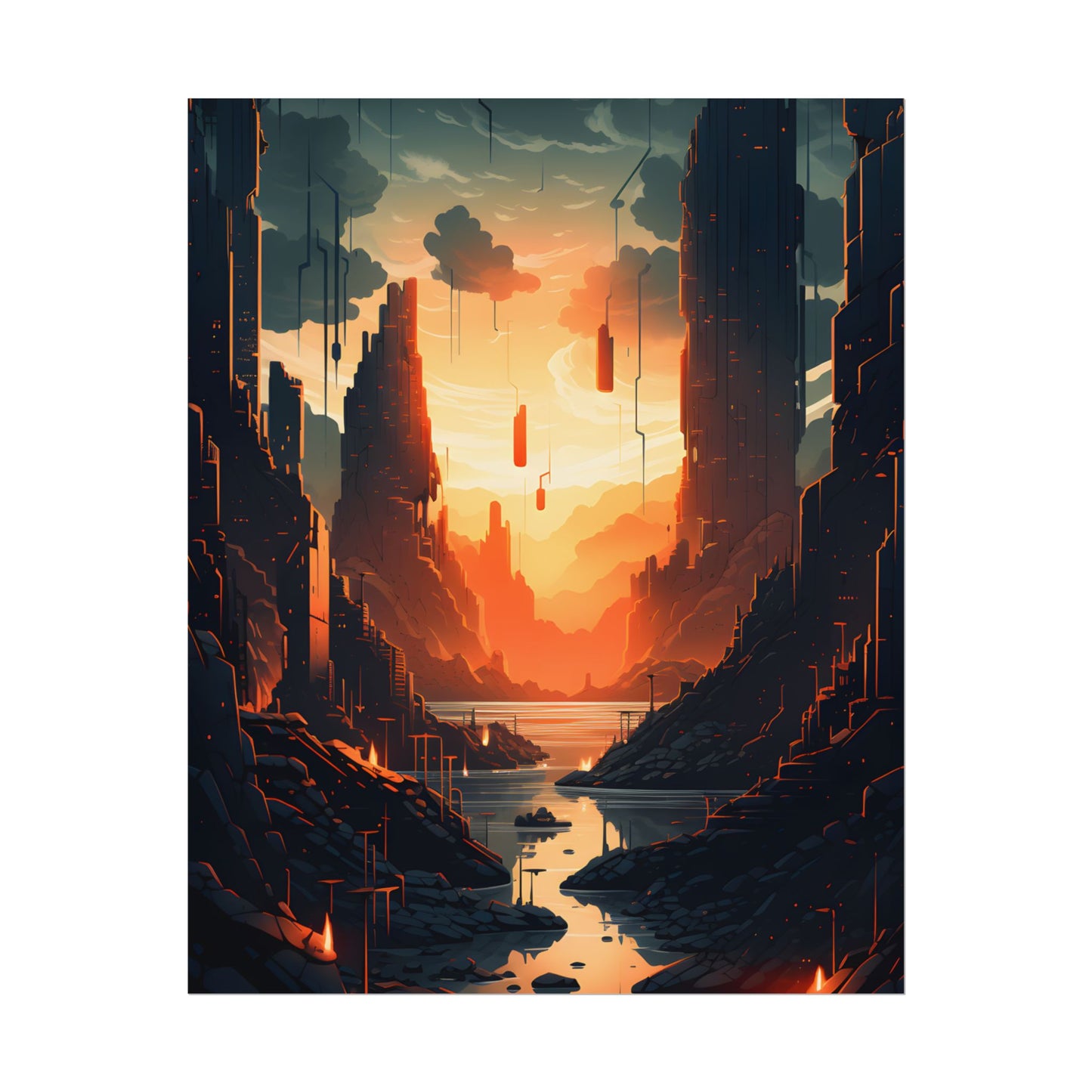 Cyberpunk Metropolis Ablaze: Nocturnal Digital Masterpiece - Poster