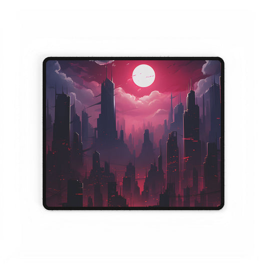 Burning Cyberpunk Cityscape: Digital Artwork at Night - Desk Mat