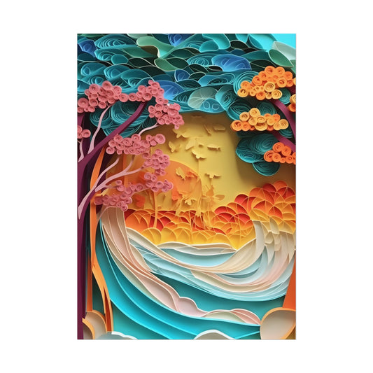 Peaceful Beach Landscape with Paper Quilling: Artistic Photography - Poster