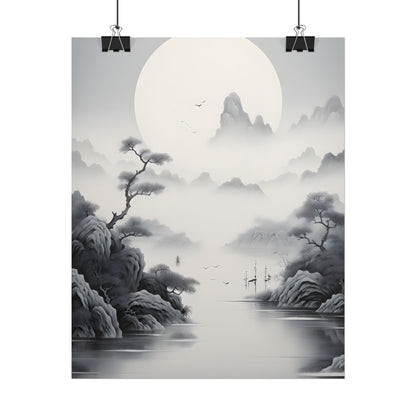 Chinese Ink Mirror Landscape: Serene Artwork - Poster