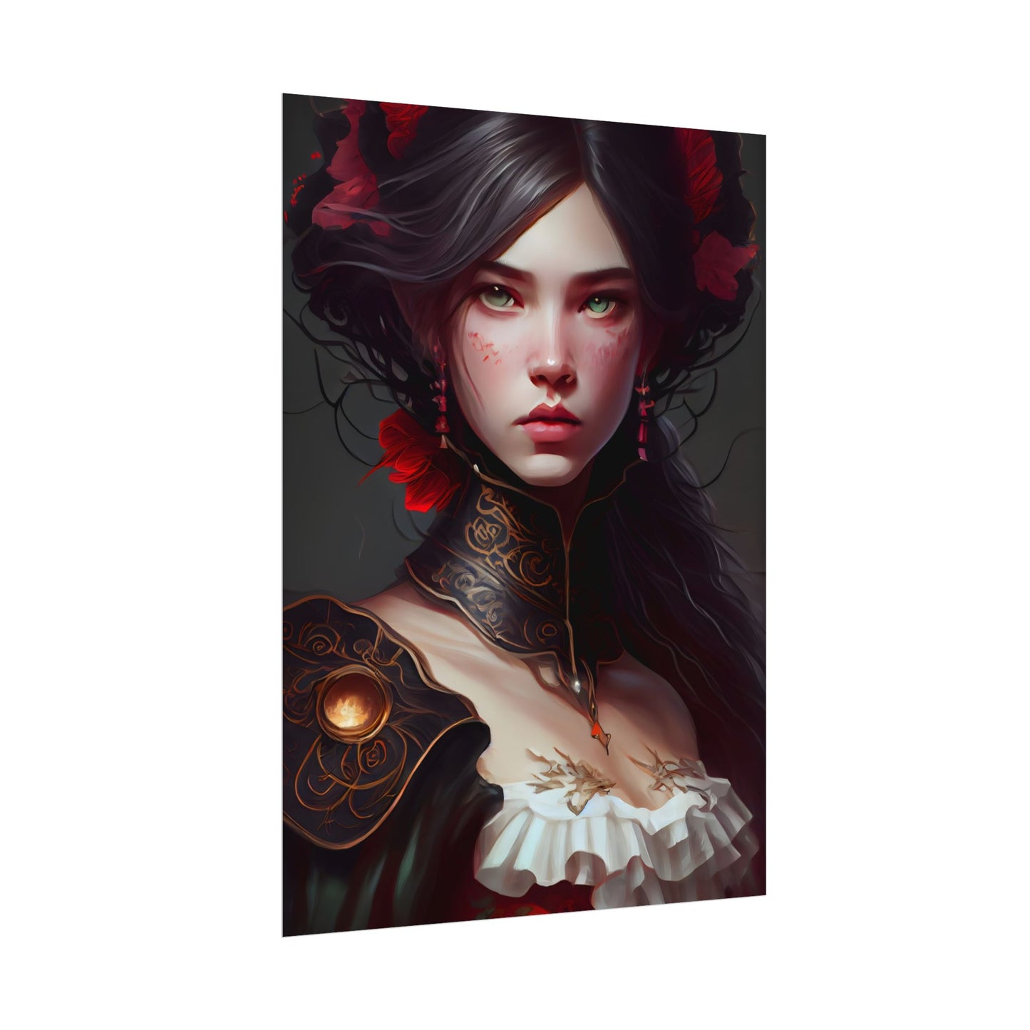 Elegant Black Hair Portrait in White Dress - Poster