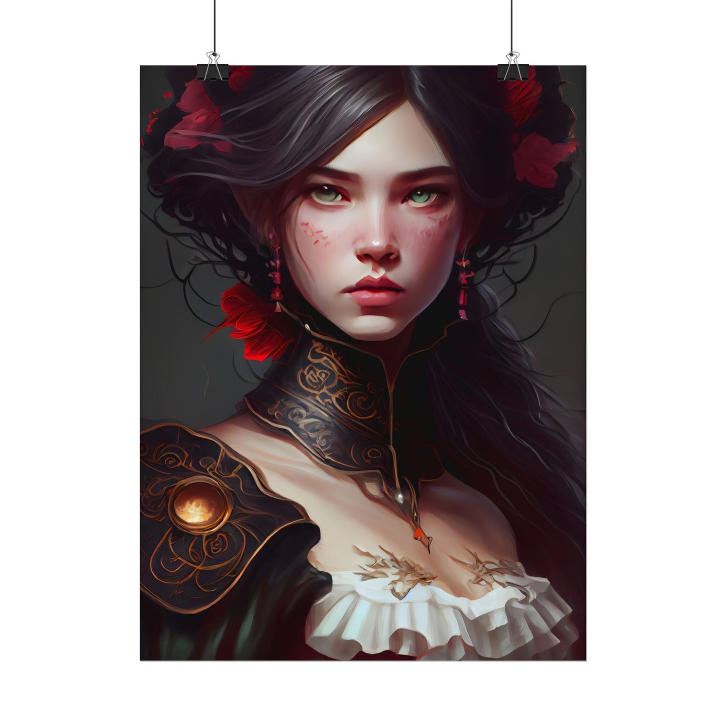 Elegant Black Hair Portrait in White Dress - Poster