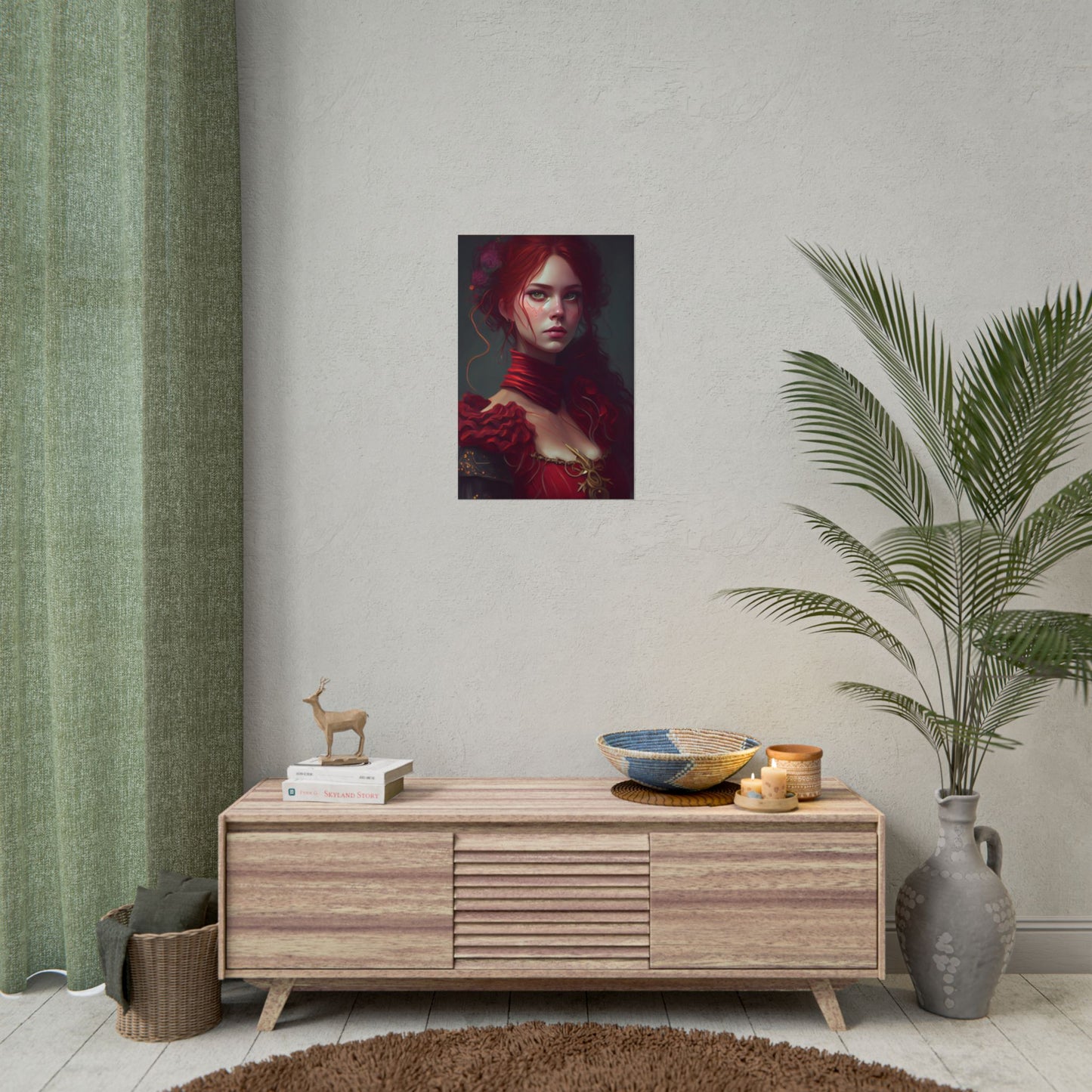Vibrant Redhead Portrait: Female Artwork in Red Dress - Poster