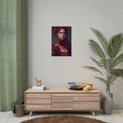 Vibrant Redhead Portrait: Female Artwork in Red Dress - Poster