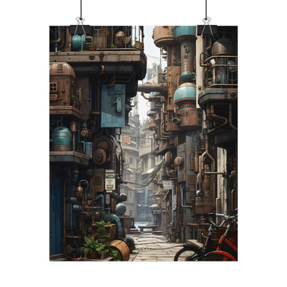 Steampunk Urban Decay: Post-Apocalyptic Cityscape at Dusk - Poster