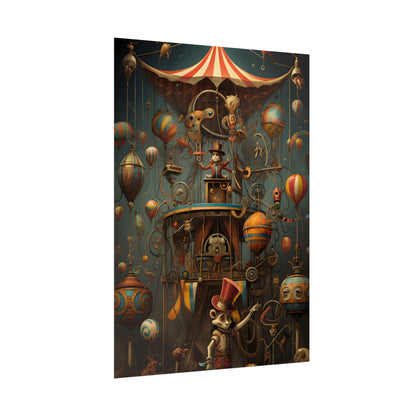 Whimsical Clockwork Circus: Fantastical Wooden Horse in Steampunk Dreamscape - Poster