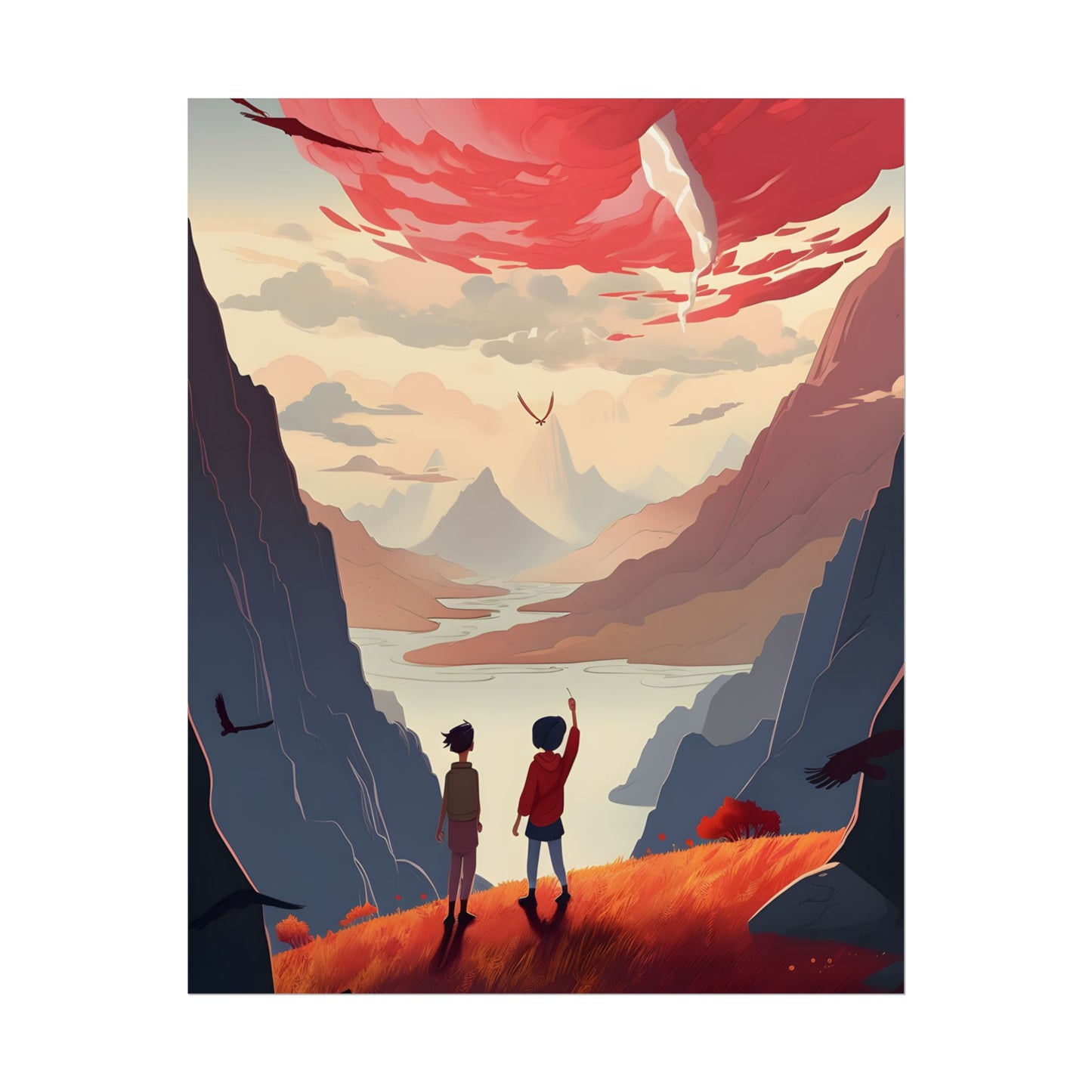 Serene Meadow Scene: Girl & Boy Under Cloudy Sky - Poster