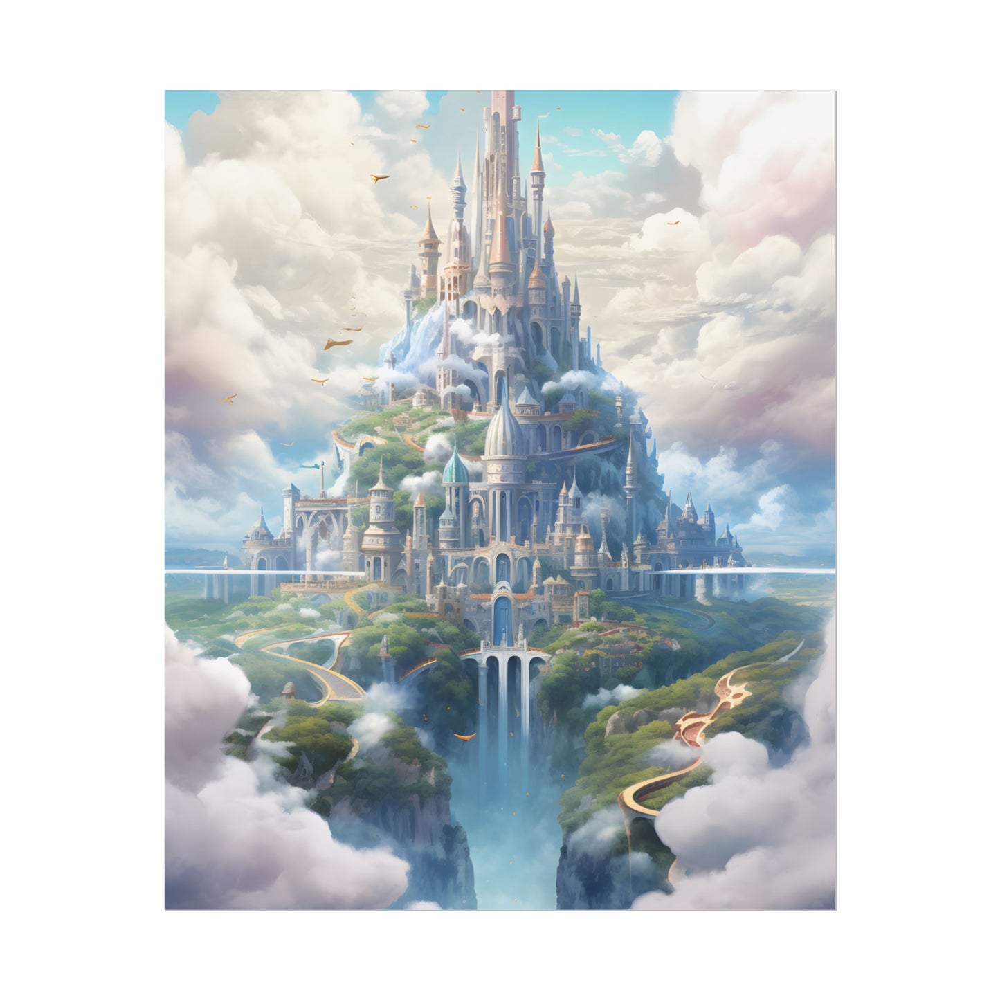 Floating City in Celestial Fantasy Realm: Whimsical Artwork - Poster