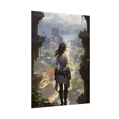 Dramatic Anime City Warrior: Bird's Eye View Digital Art - Poster