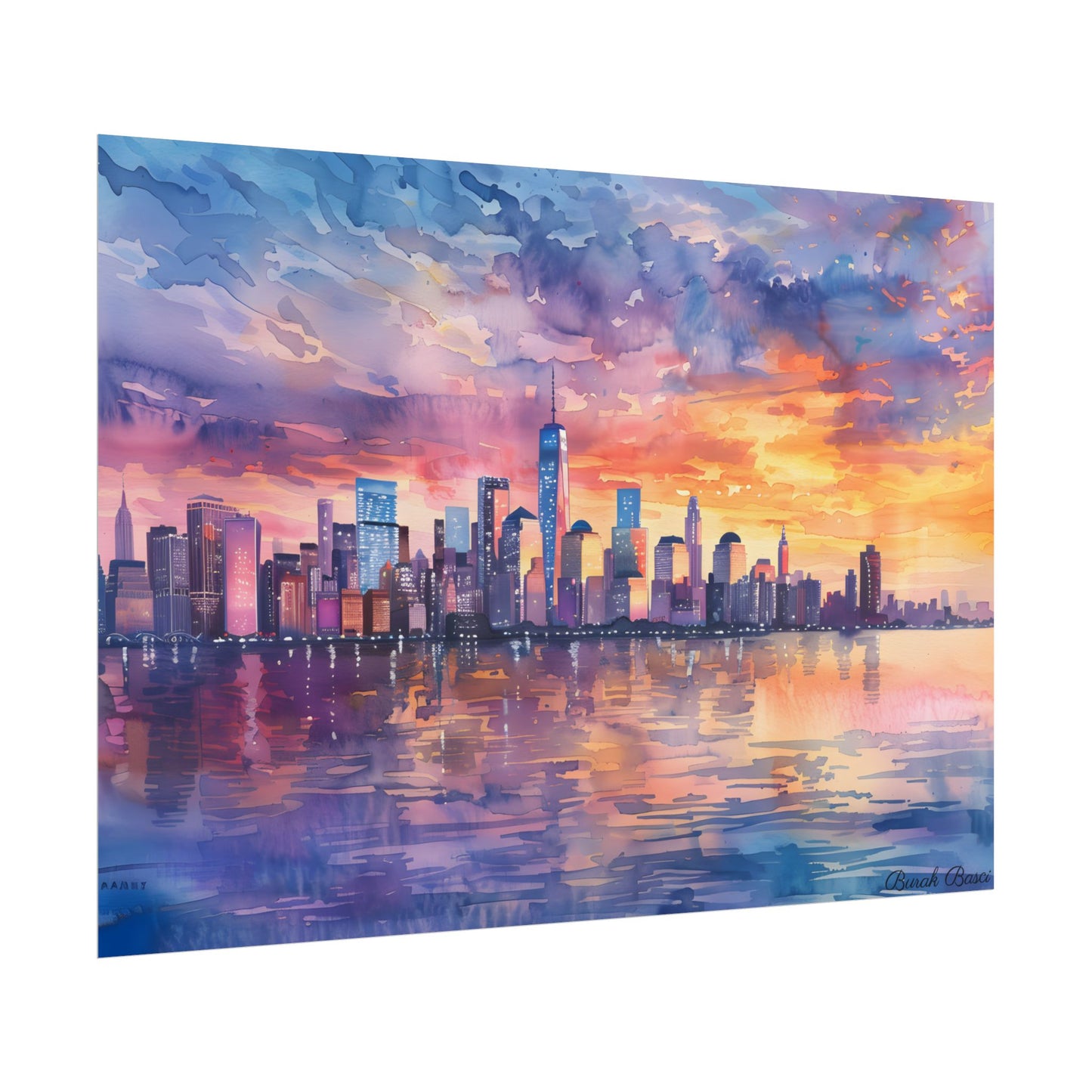 Serene NYC Sunset: Watercolor Skyline Reflections - Poster