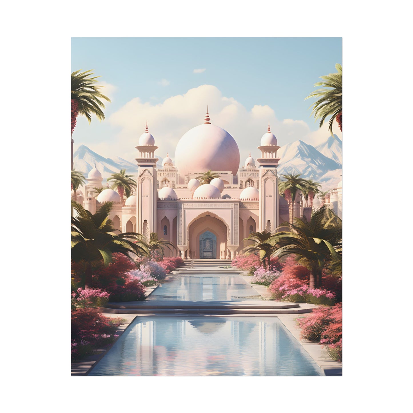 Serene Arabian Desert Oasis: Camels in a Palm Tree Landscape - Poster