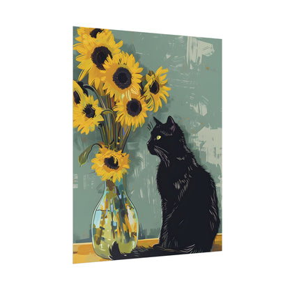 Whispers in the Sun: A Black Cat's Serene Moment with Sunflowers - Poster