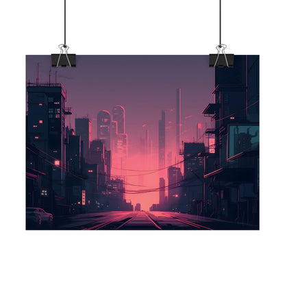 Cyberpunk Nighttime Cityscape: Melancholic Mood - Poster