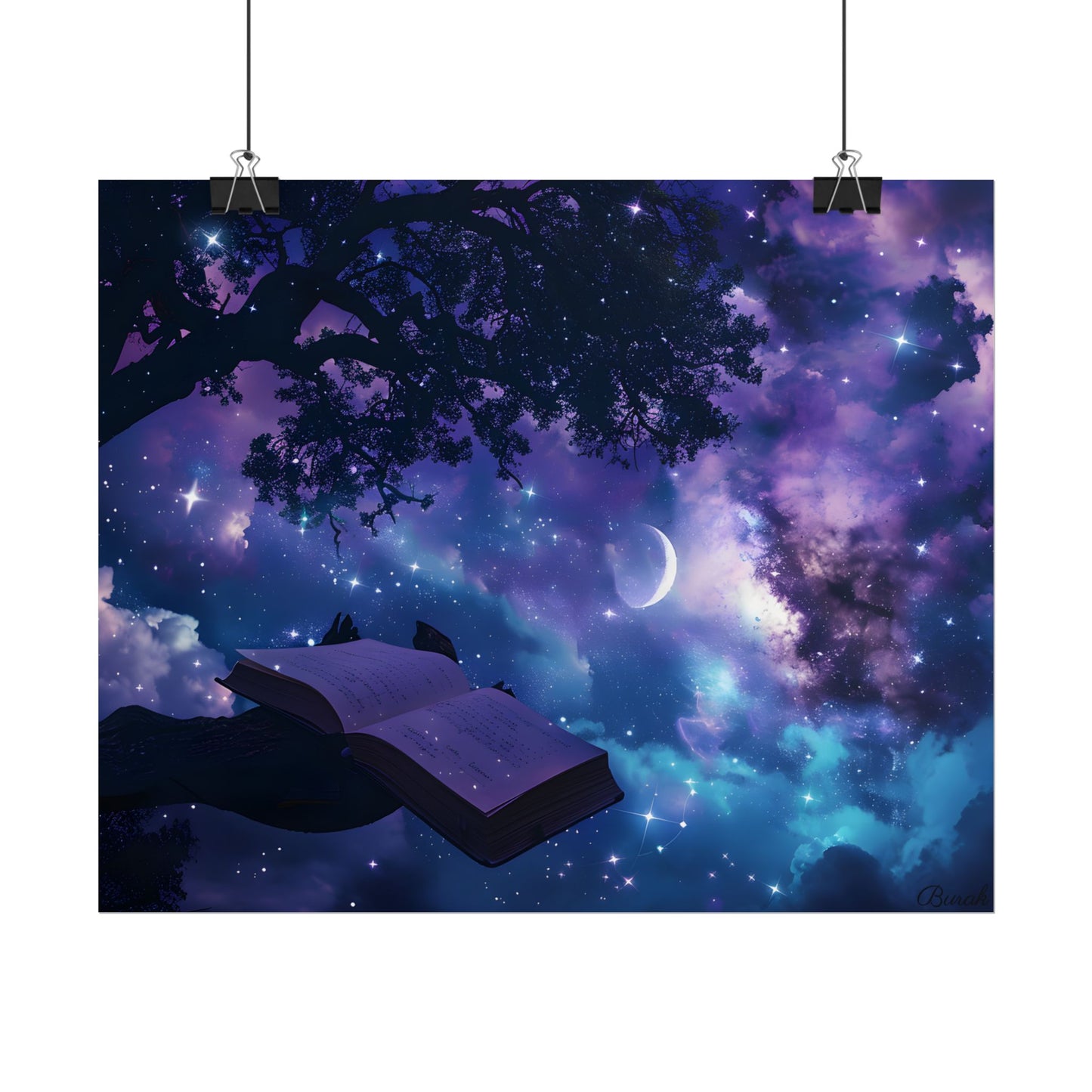 Mystical Night Sky: Celestial Dreams with Crescent Moon Art - Poster