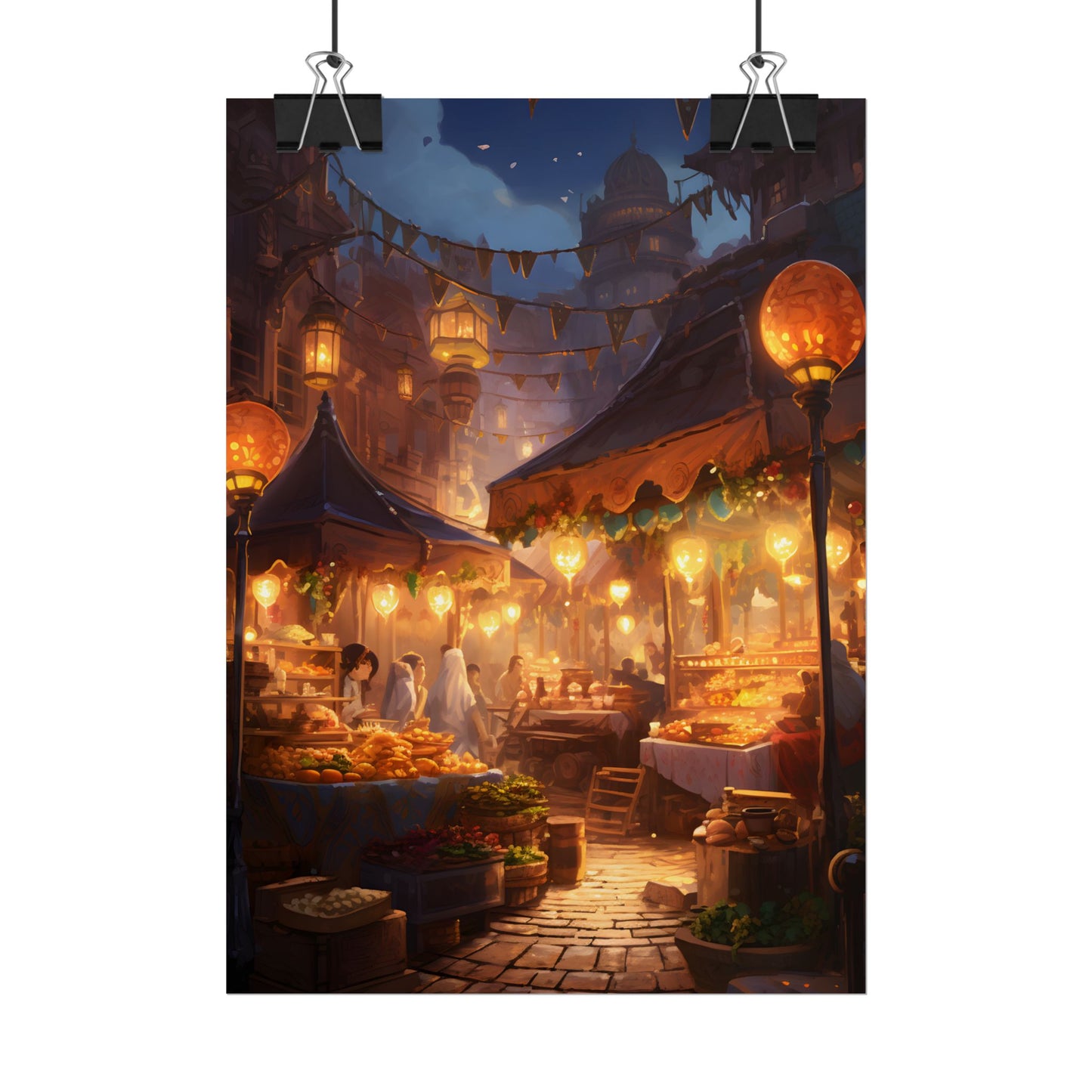 Magical Street Food Market: A Colorful Nighttime Scene - Poster