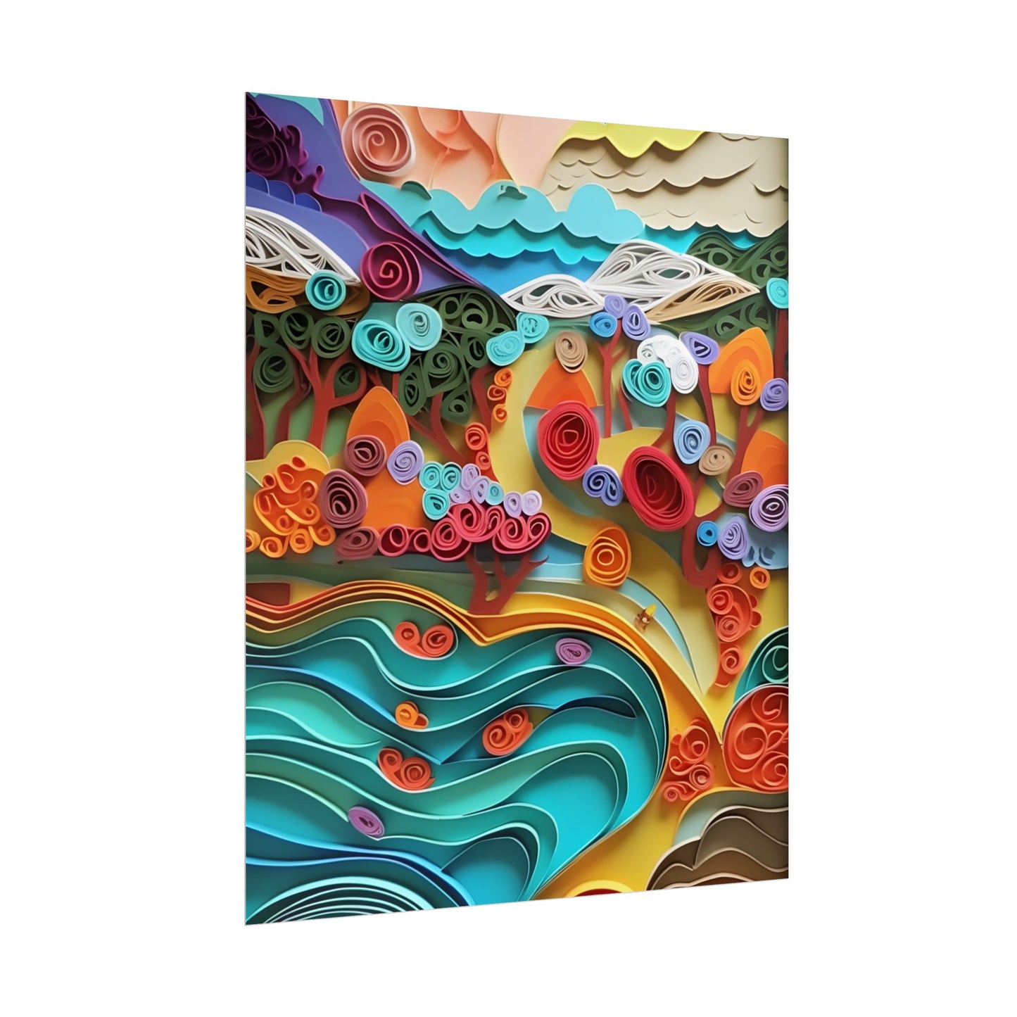 Paper Quilled Beach Bliss: Artistic Coastal Landscape - Poster