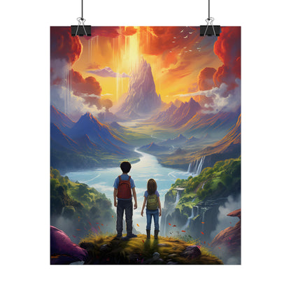 Girl, Boy, Meadow: A Peaceful Cloudy Day Artwork - Poster
