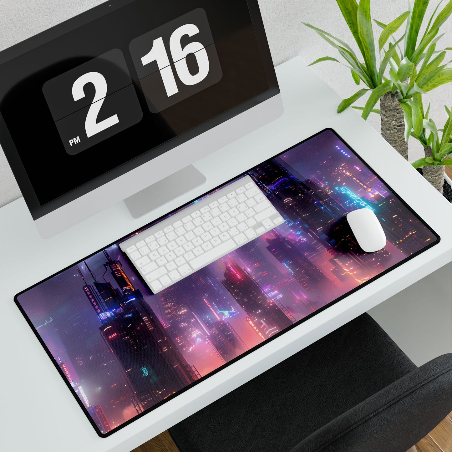 Neon Futuristic Cityscape: Graphic Modern Art - Desk Mat