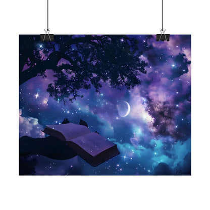 Mystical Night Sky: Celestial Dreams with Crescent Moon Art - Poster