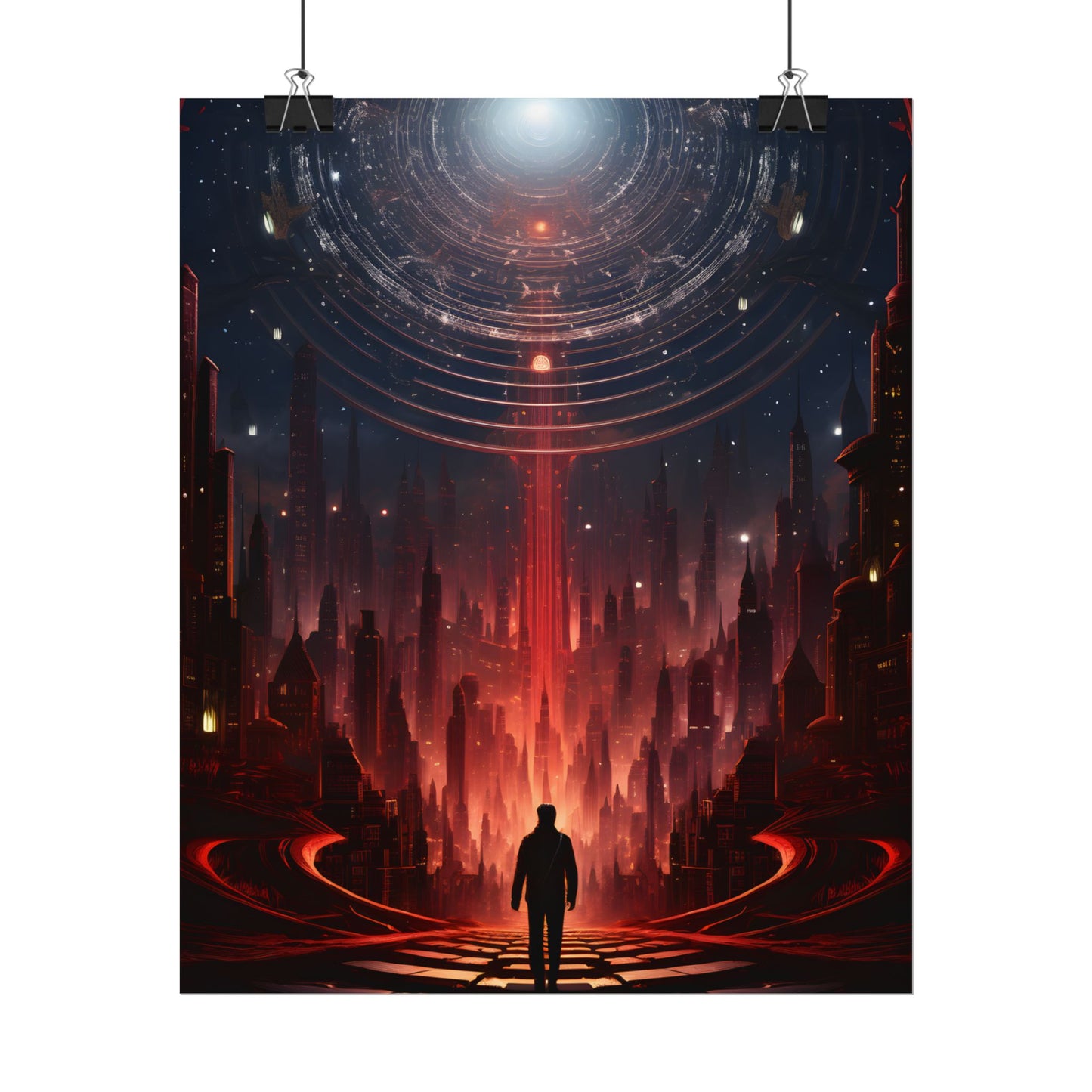 Futuristic Cityscape: Neon Sky Meets Nature's Harmony - Poster