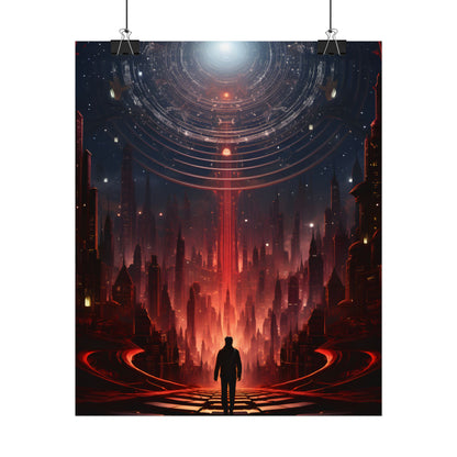 Futuristic Cityscape: Neon Sky Meets Nature's Harmony - Poster