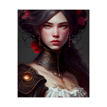 Elegant Black Hair Portrait in White Dress - Poster