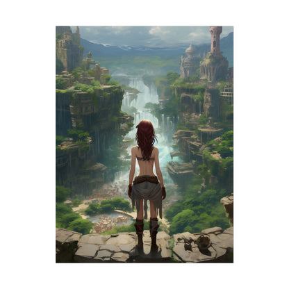 Dramatic Birds Eye View: Red Haired Anime Girl in Urban Landscape - Poster
